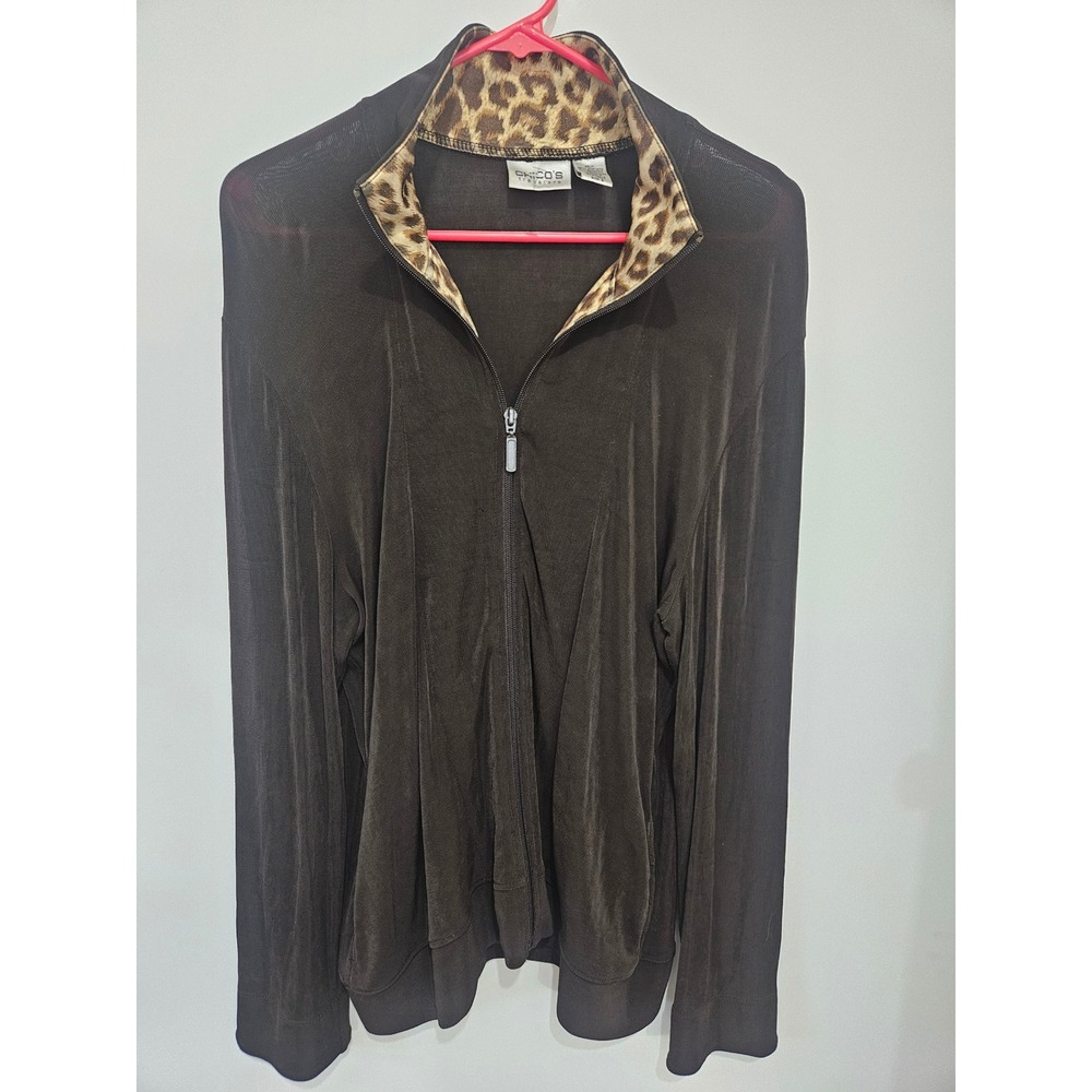 Chicos Travelers Brown Zip Front Jacket Leopard Print Trim Mock Neck Size 2 L